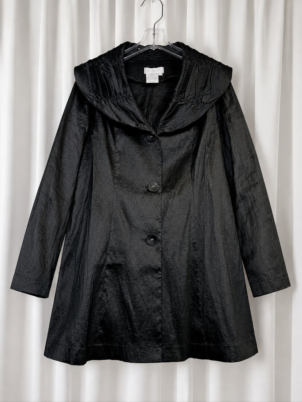 Vintage Great Cavalier Black Ruched Portrait Collar Longline Artsy Coat Jacket